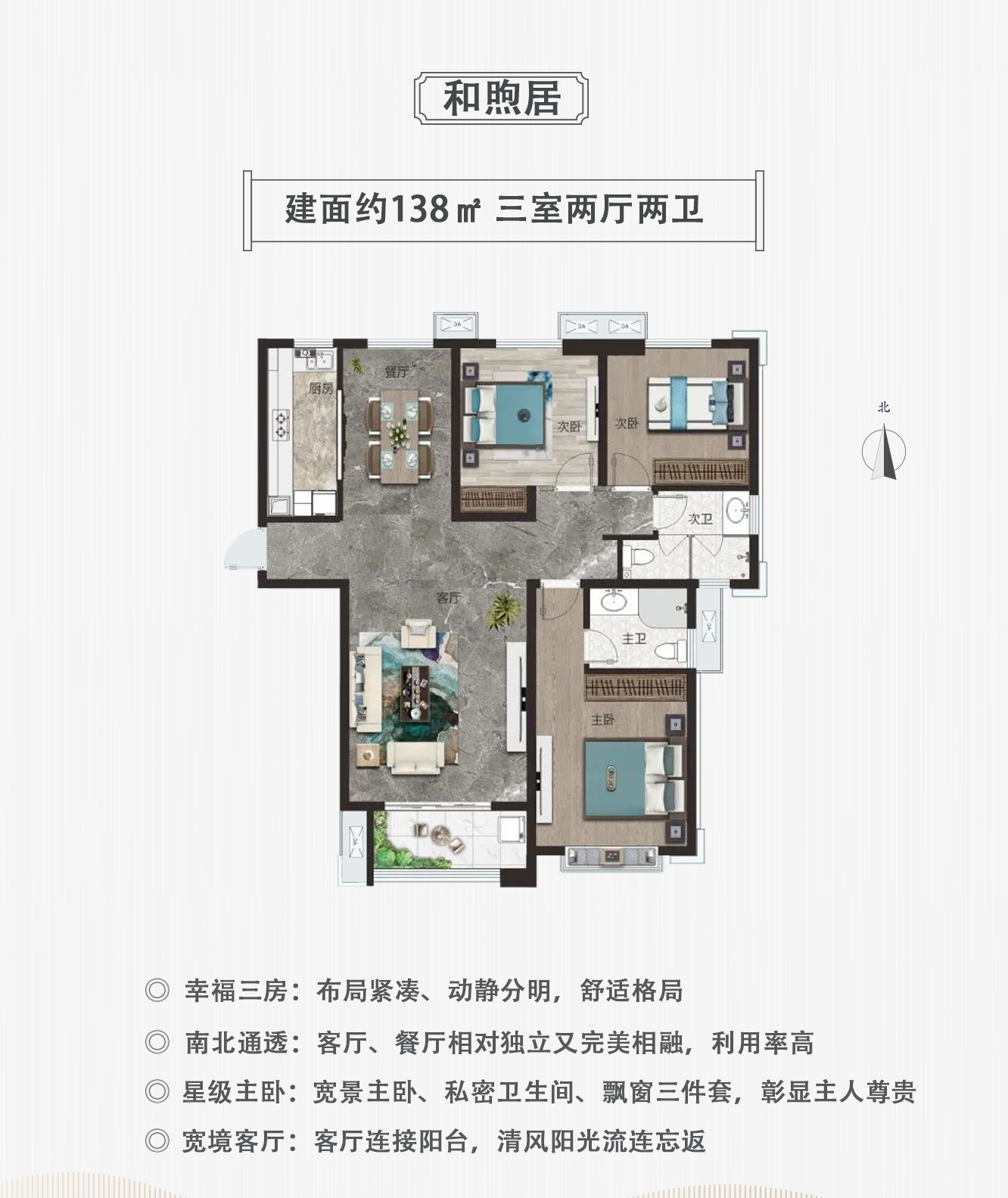 和煦居  三室兩廳兩衛(wèi)   建筑面積約138㎡